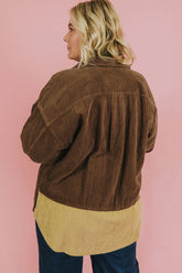 Brown Plus Size Color Block Corduroy Shacket
